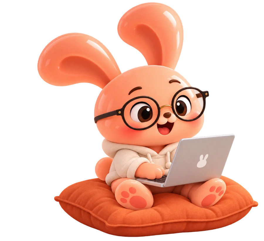 3D illustration of a bunny with glasses working on a laptop
